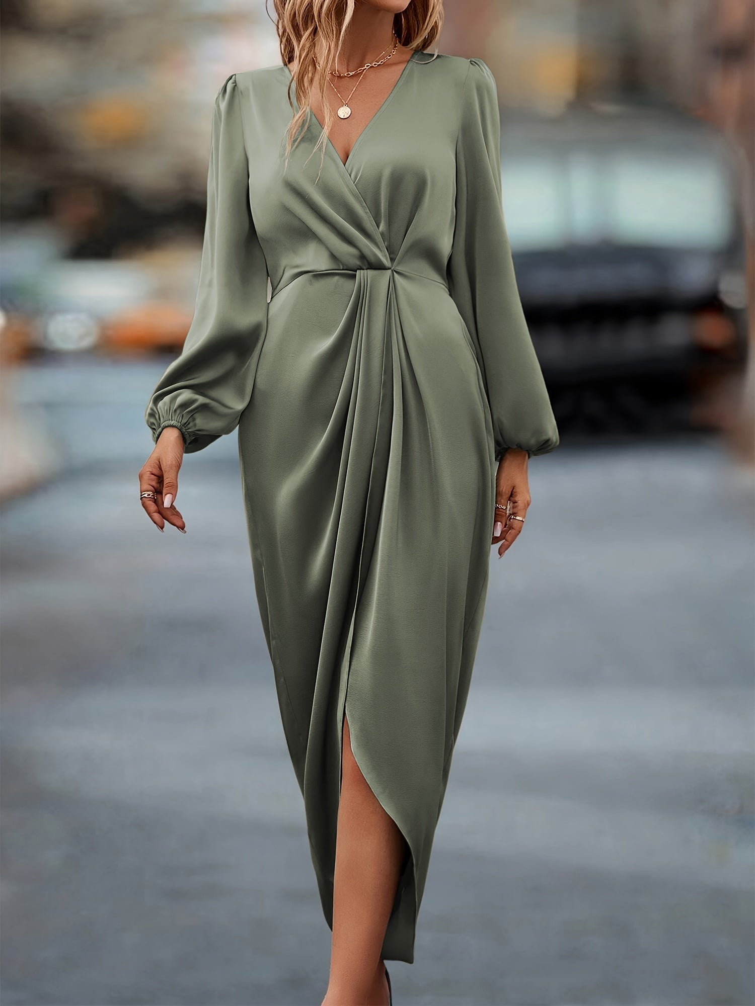 Ava | Elegant Long Sleeve Wrap Midi Dress For Wedding Guests 2