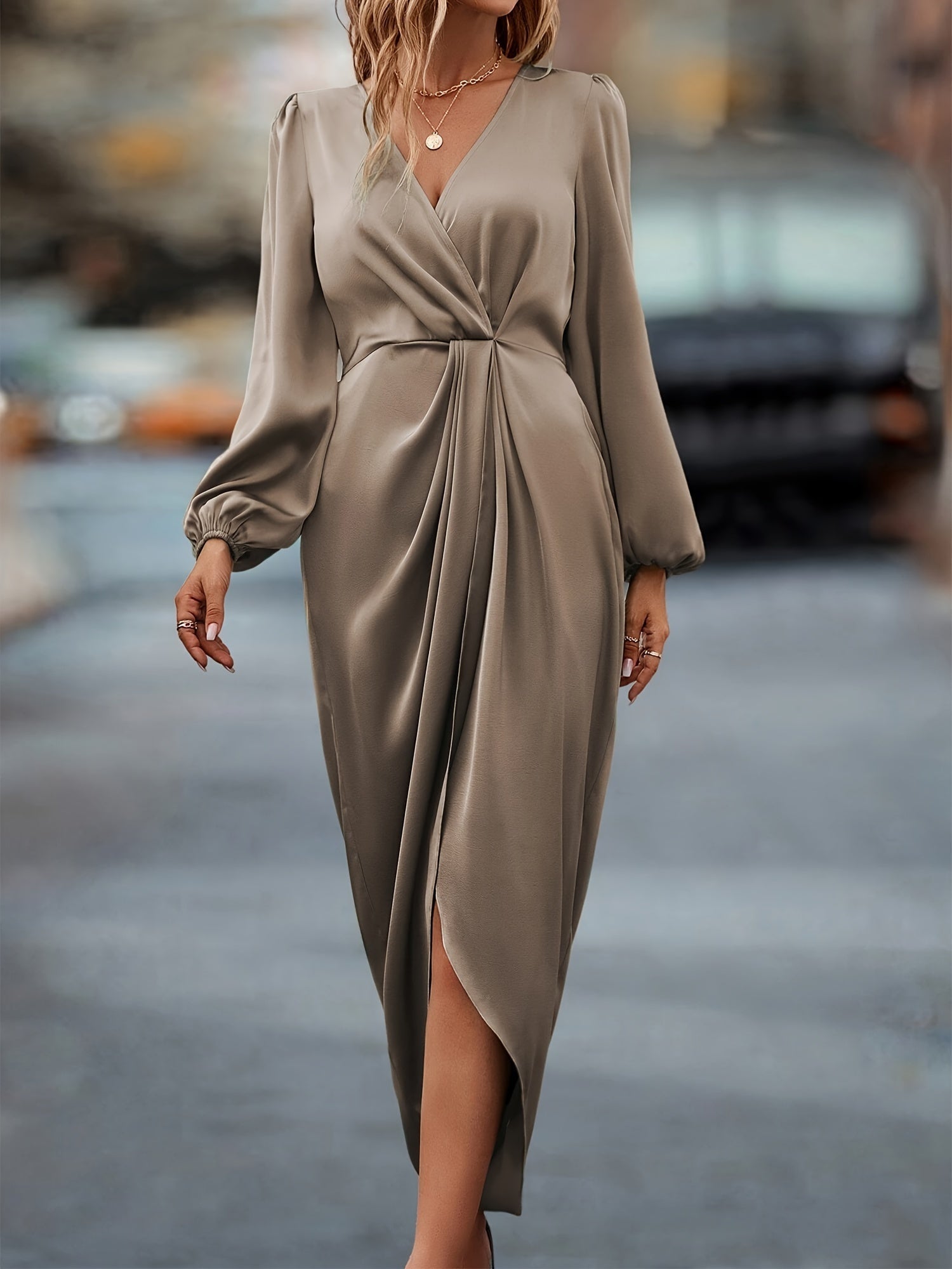 Ava | Elegant Long Sleeve Wrap Midi Dress For Wedding Guests 4