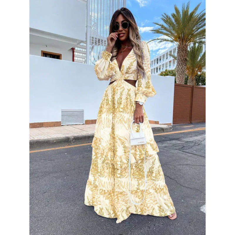 Ava | Elegant Printed Summer Maxi Dress with Long Sleeves 0