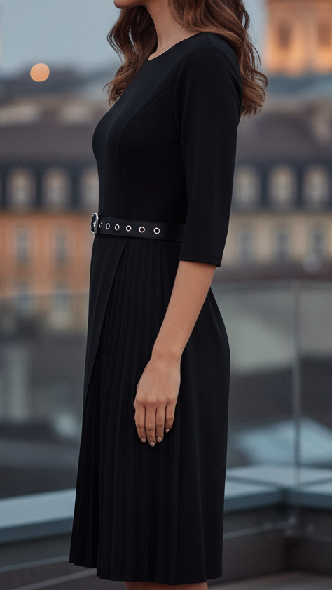 Bella Collection | Women's Midi Dress with Belted Waist & Long Sleeves 2