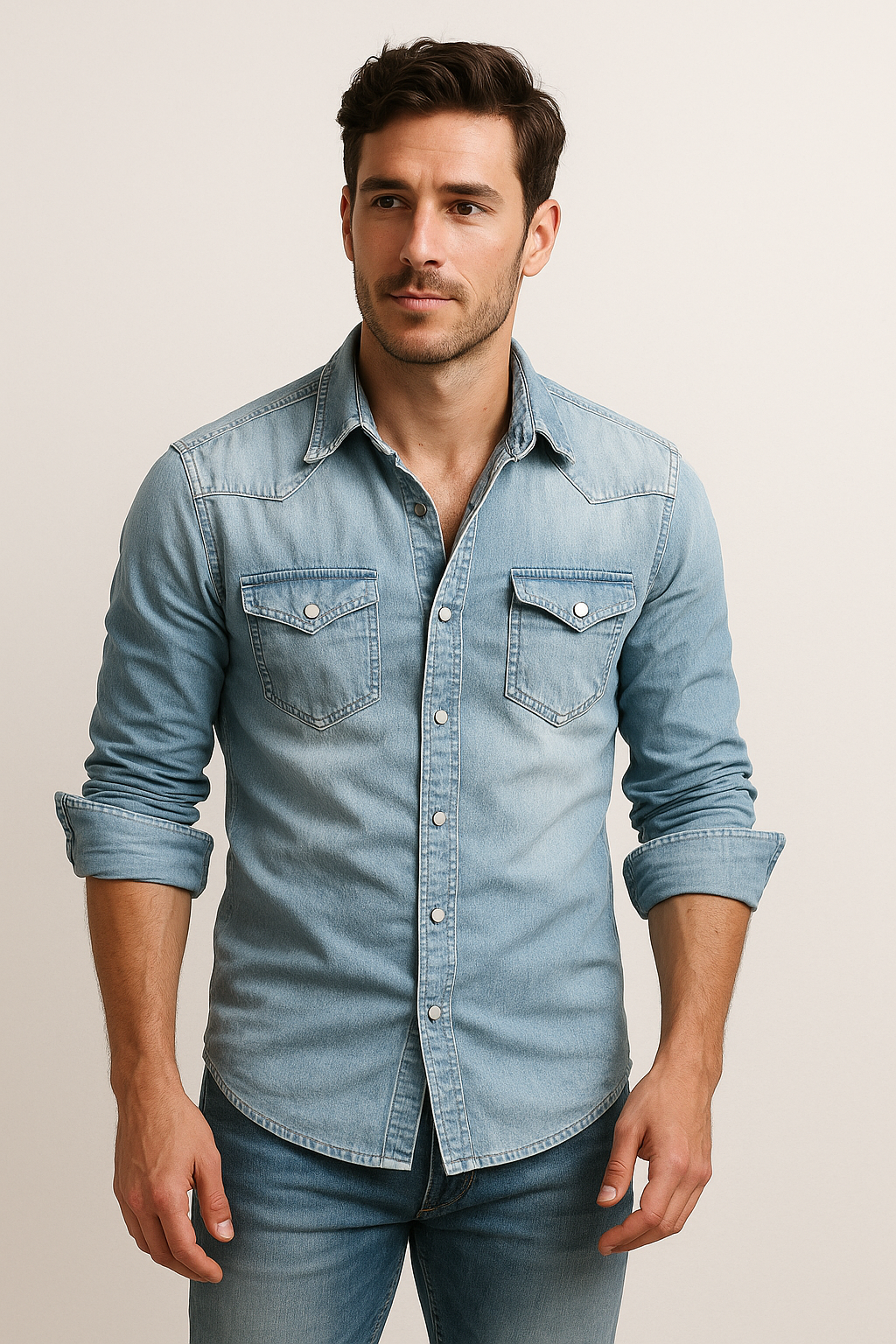 Classic Denim Shirt | Mens Denim Top with Adjustable Cuffs & Easy Care 5