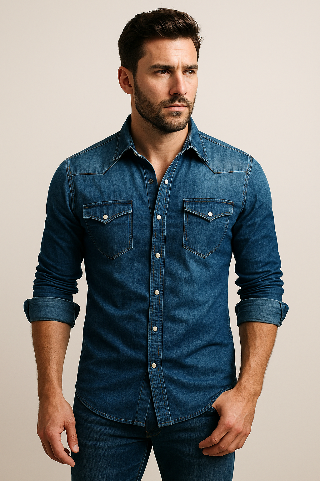 Classic Denim Shirt | Mens Denim Top with Adjustable Cuffs & Easy Care 6