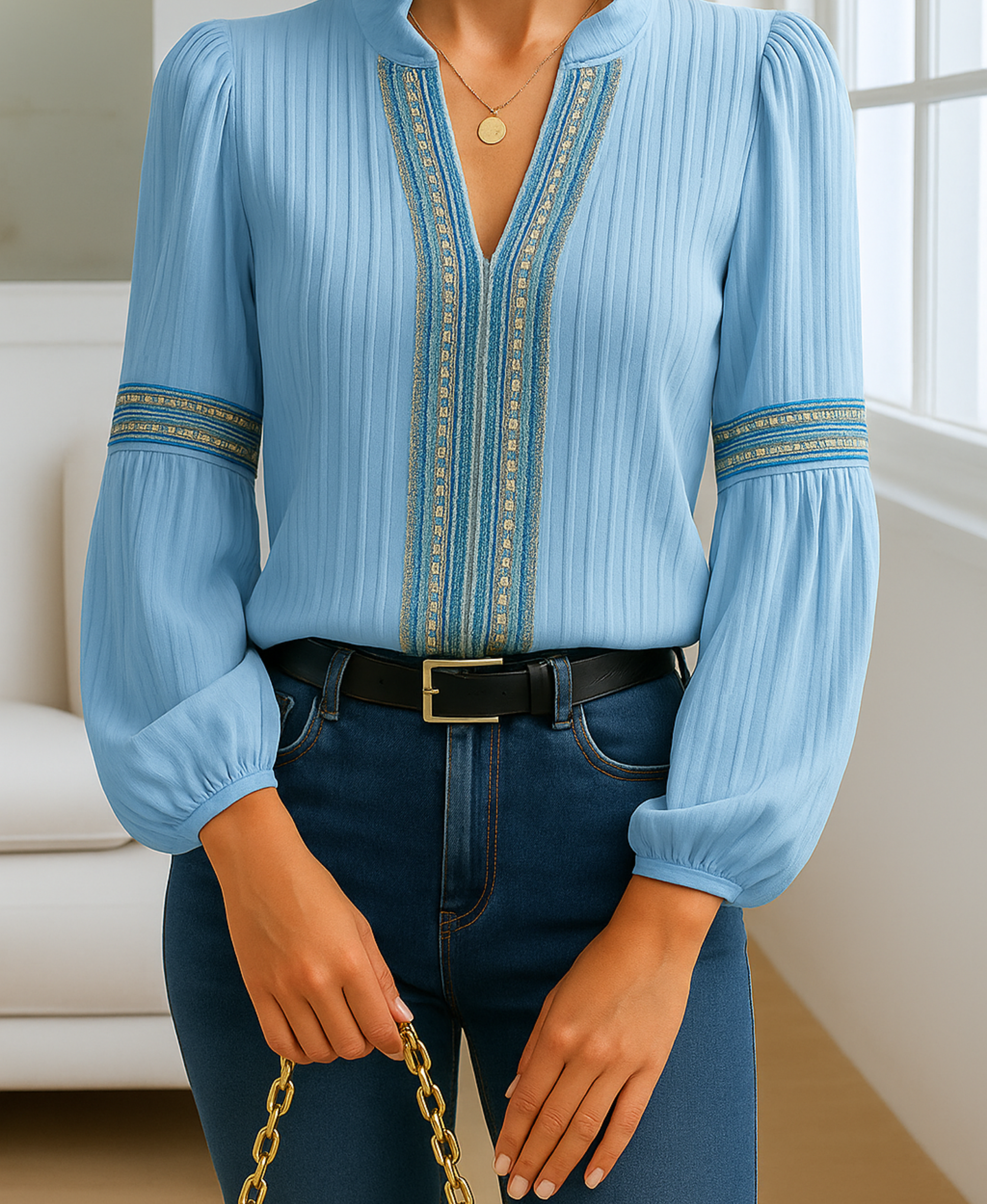 Elegance Collection | Women's Blouse with Vintage V-Neck & Soft Pleating 7