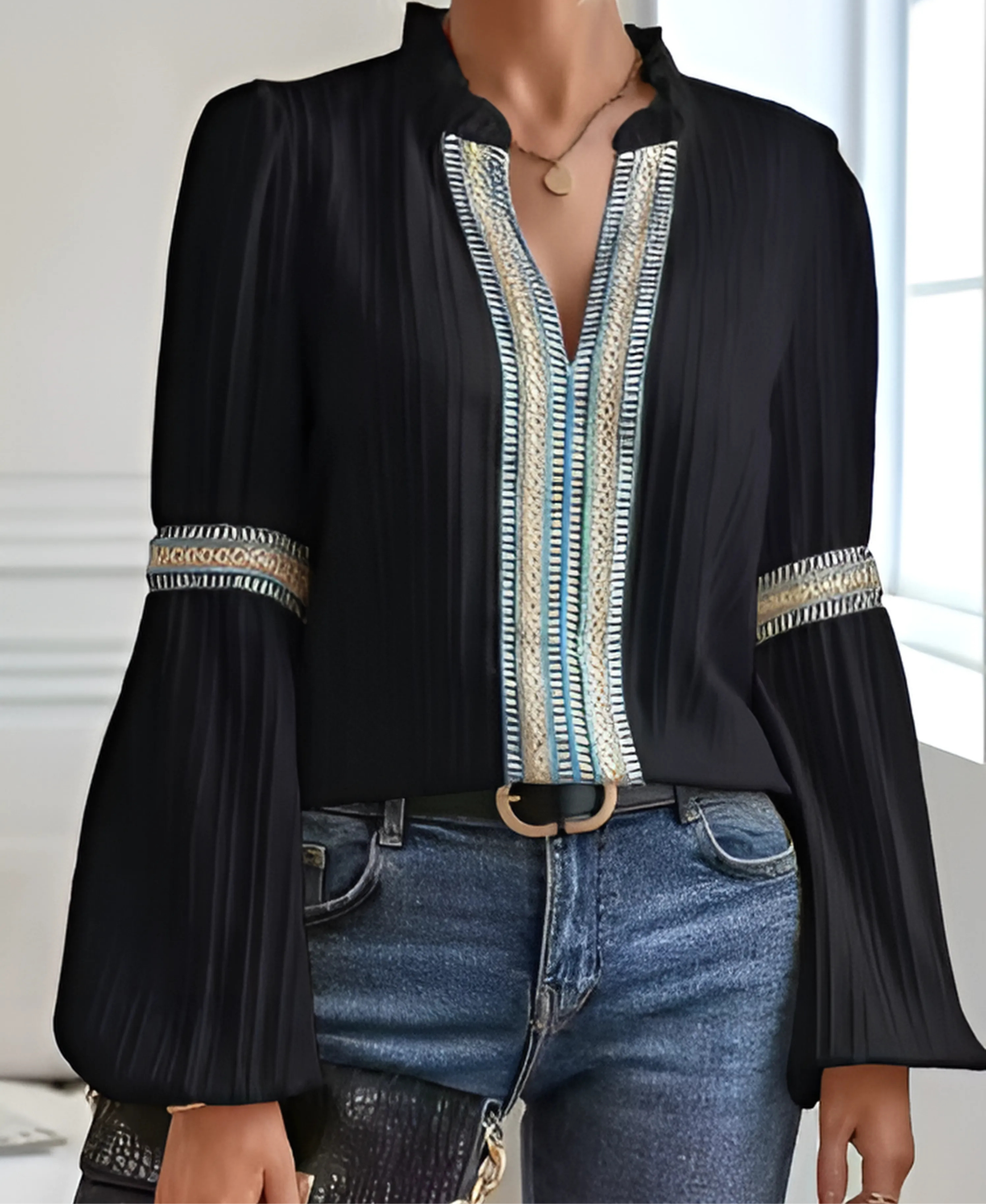 Elegance Collection | Women's Blouse with Vintage V-Neck & Soft Pleating 8