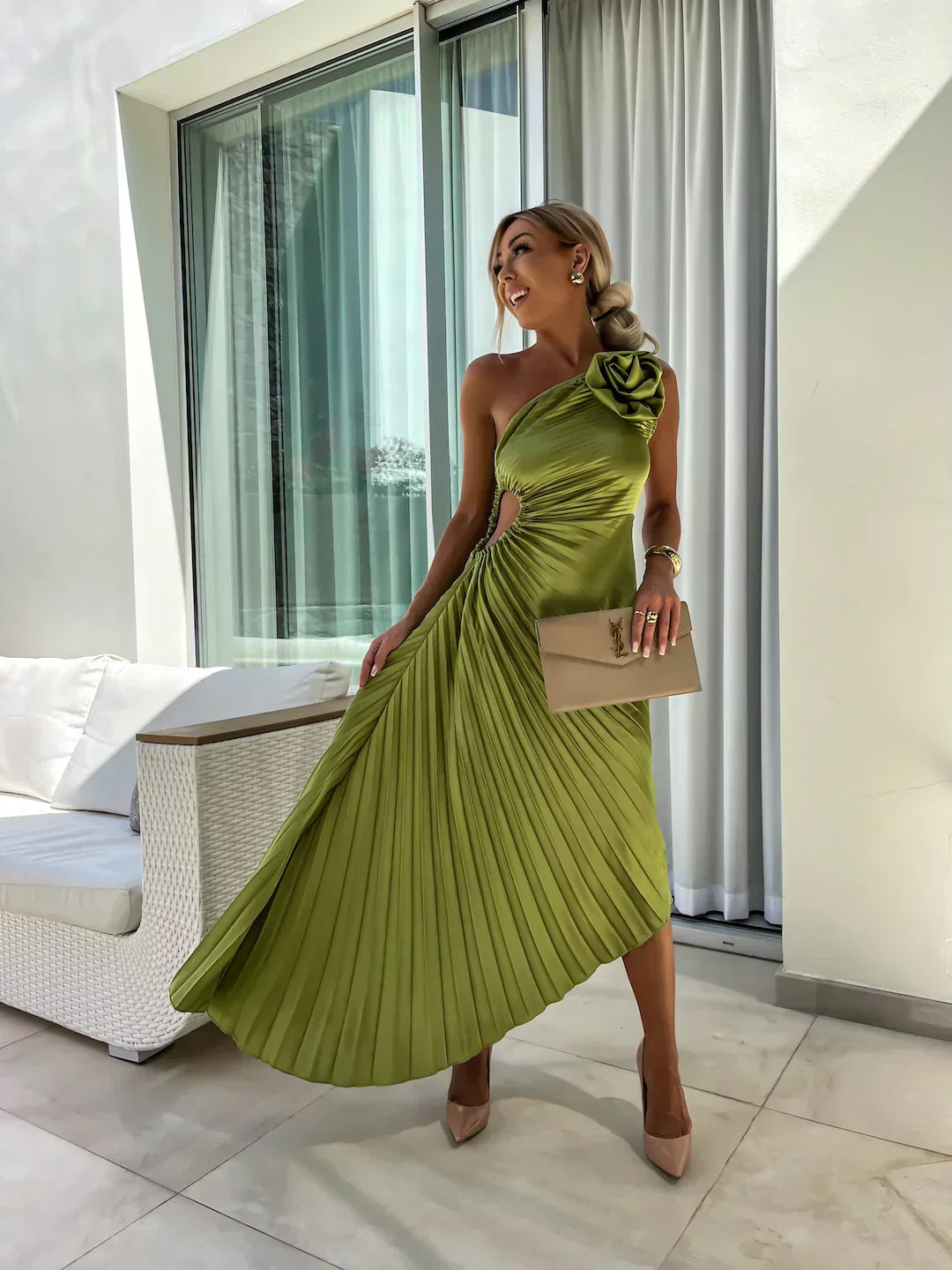 Elegant Pleated | White Maxi Dress for Women with One-Shoulder Design 1
