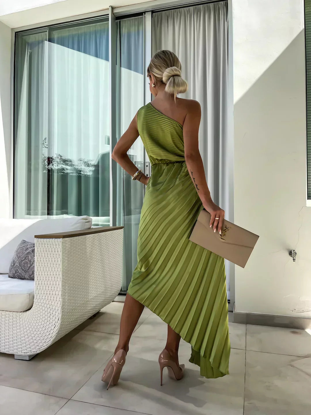 Elegant Pleated | White Maxi Dress for Women with One-Shoulder Design 3