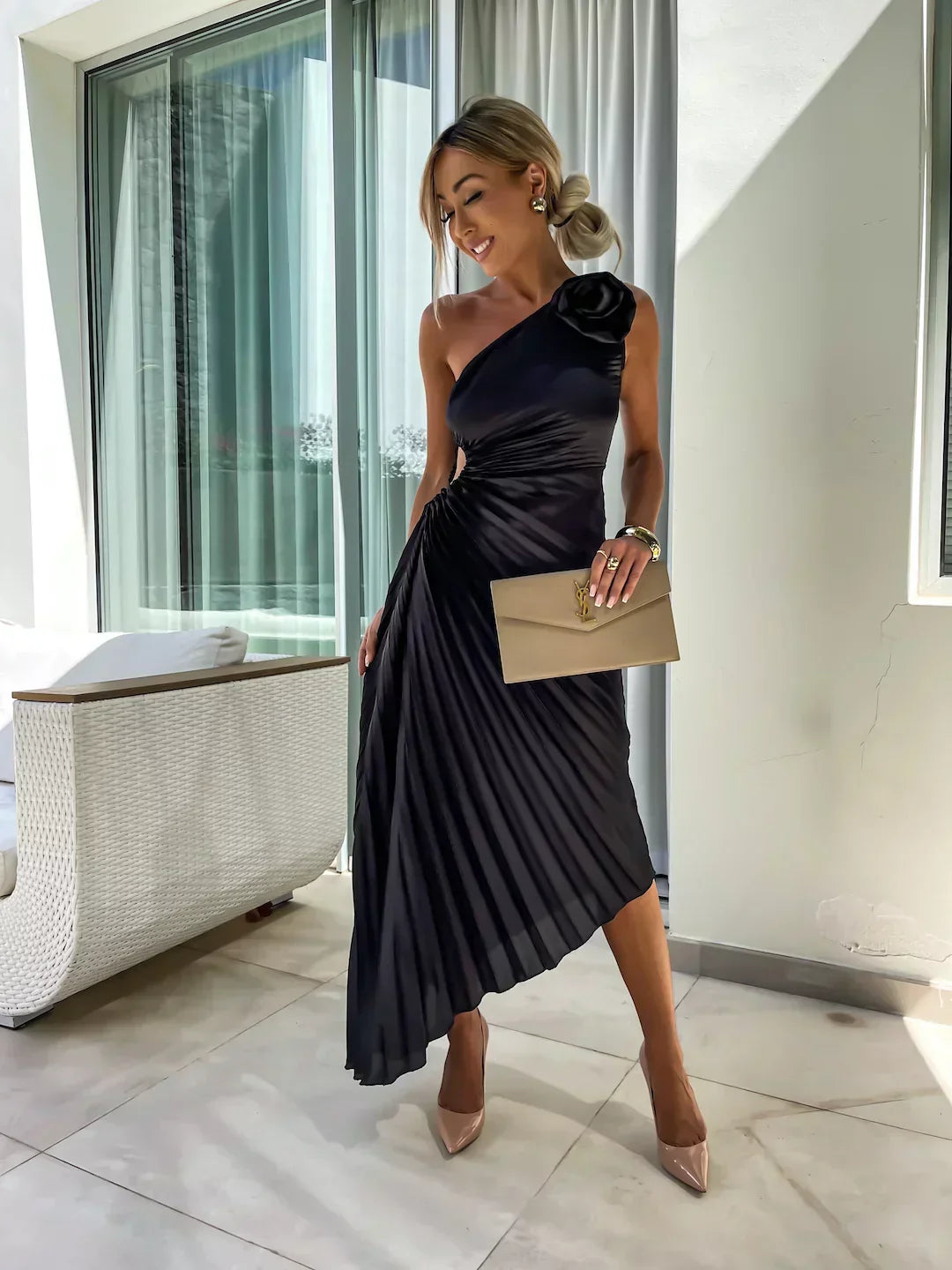 Elegant Pleated | White Maxi Dress for Women with One-Shoulder Design 4