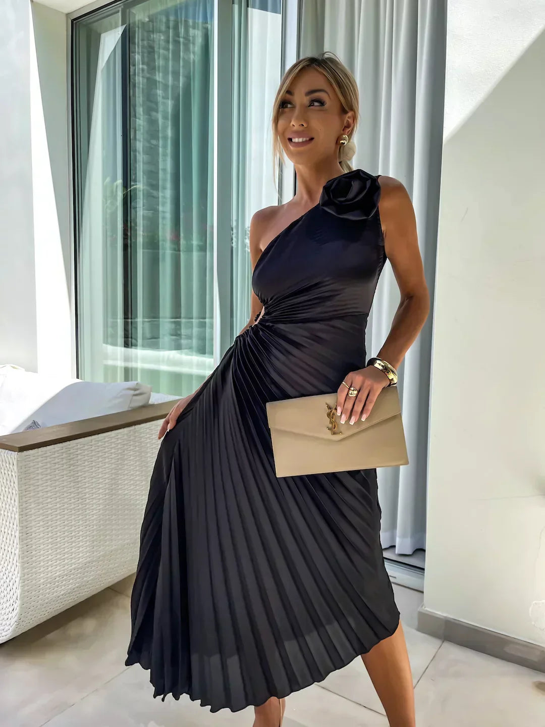 Elegant Pleated | White Maxi Dress for Women with One-Shoulder Design 5