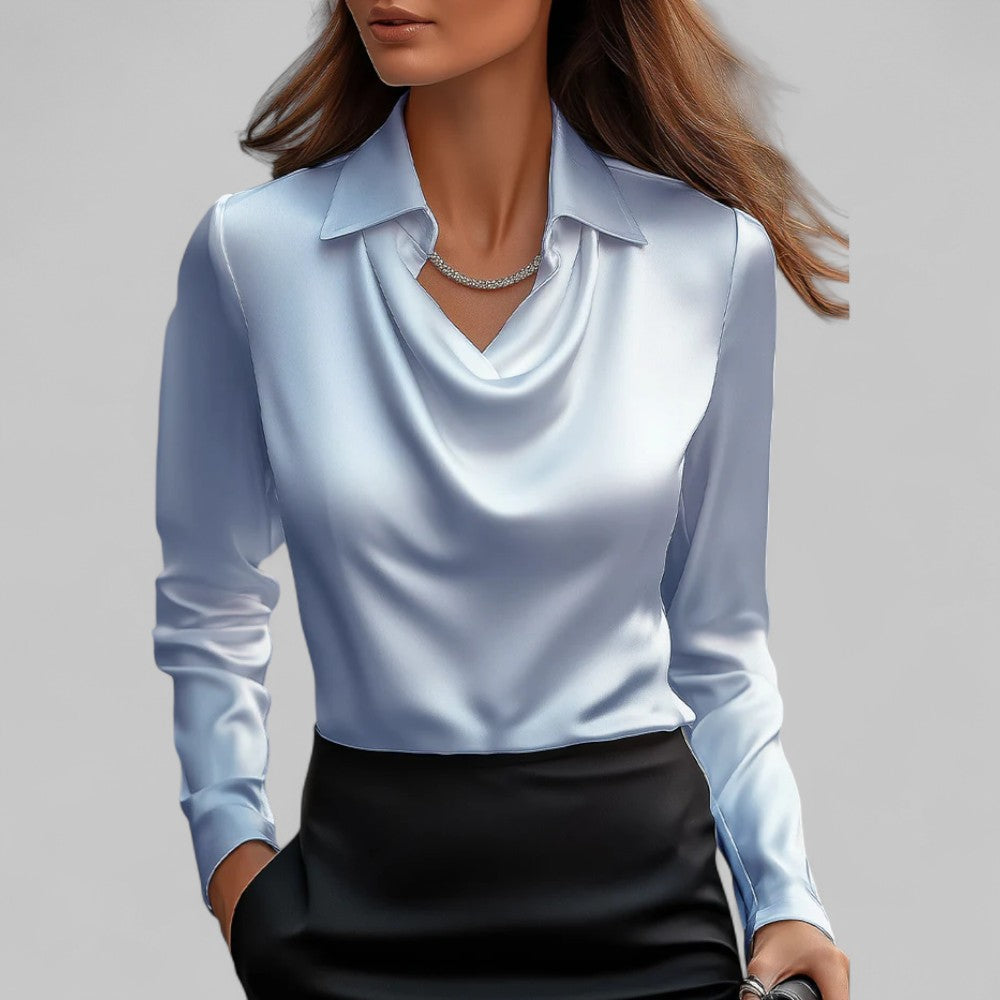 Elegant Satin | Women's Blouse with Draped Neckline & Long Sleeves 5