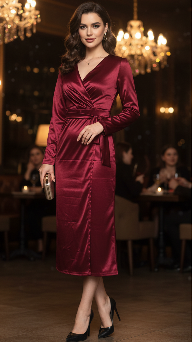 Elegant Wrap Midi Dress | Women's Cocktail Dress with Flattering Silhouette 0