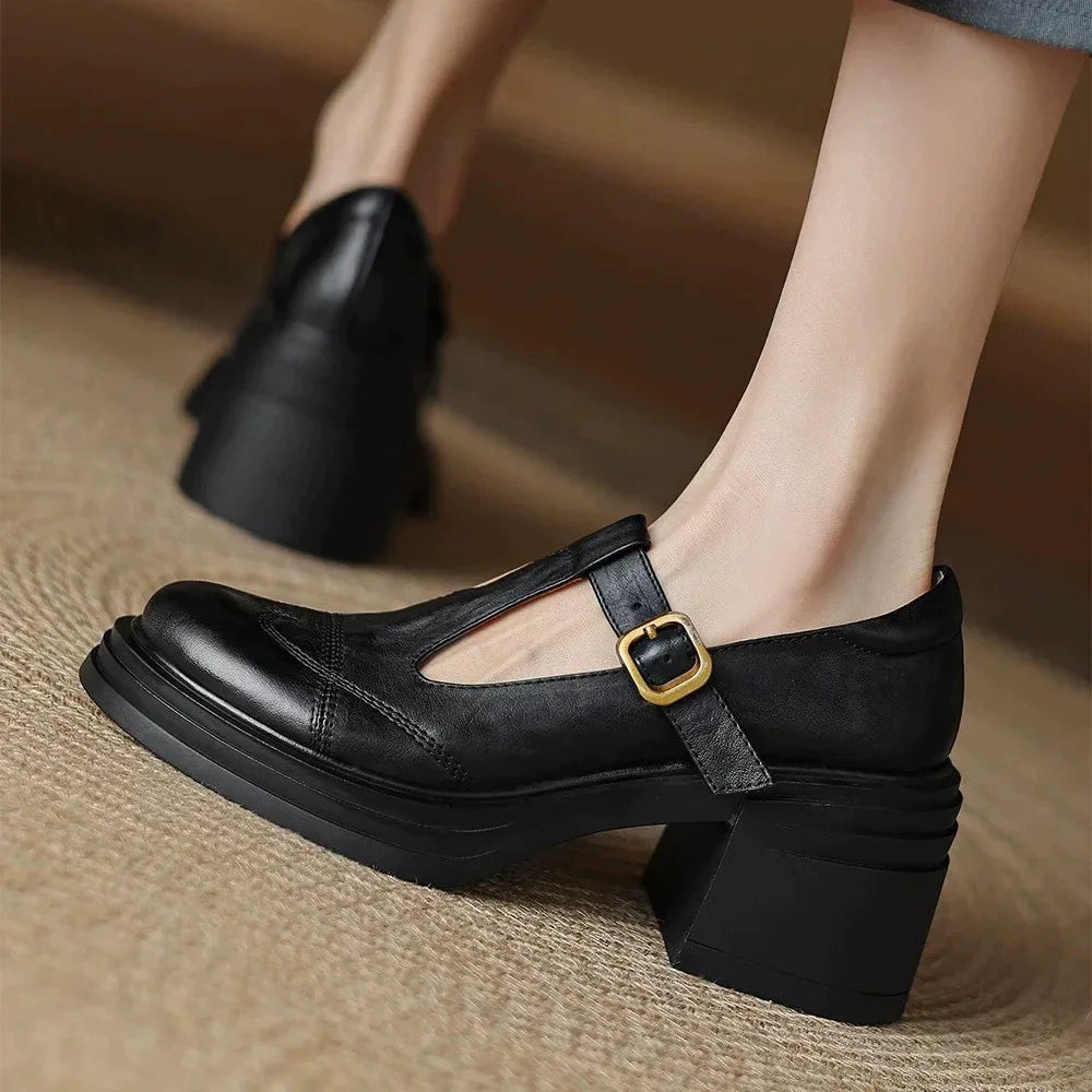 Emily | Elegant Classic Leather T-Strap Heels 0