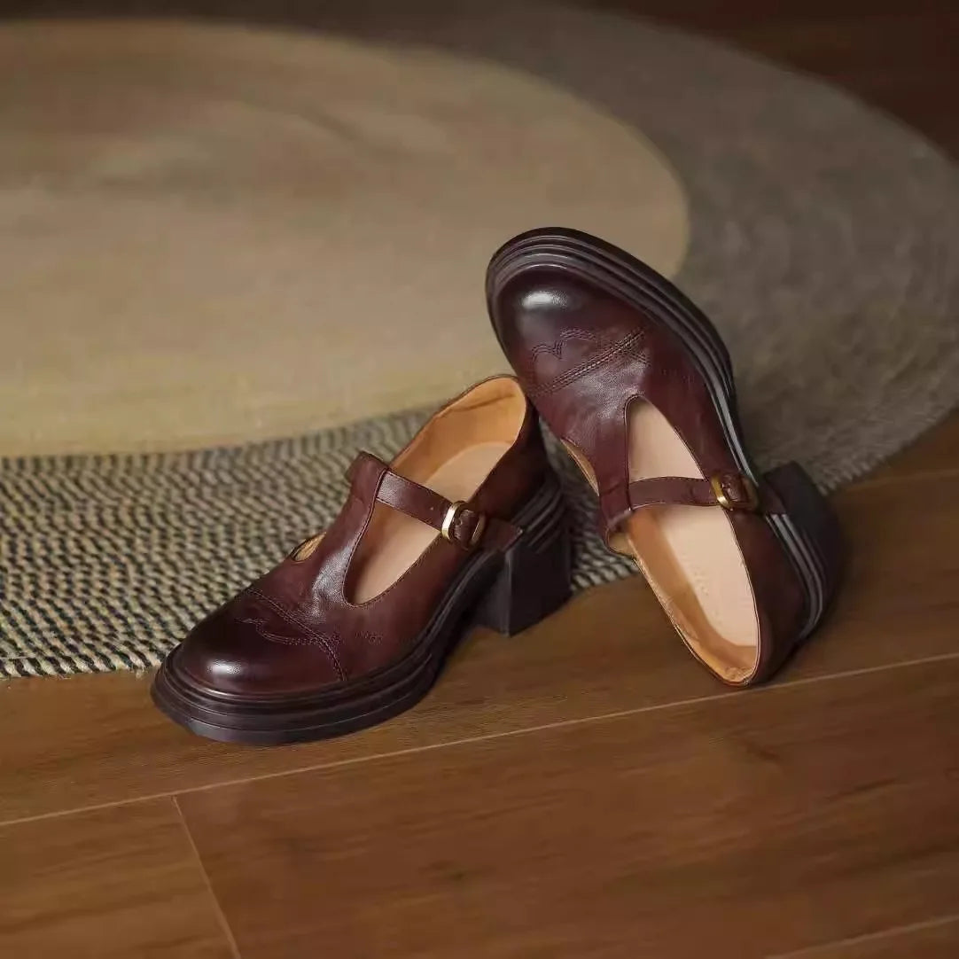 Emily | Elegant Classic Leather T-Strap Heels 1