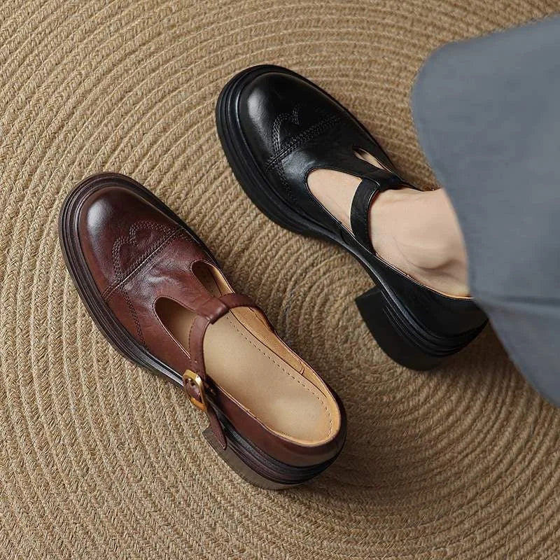 Emily | Elegant Classic Leather T-Strap Heels 5