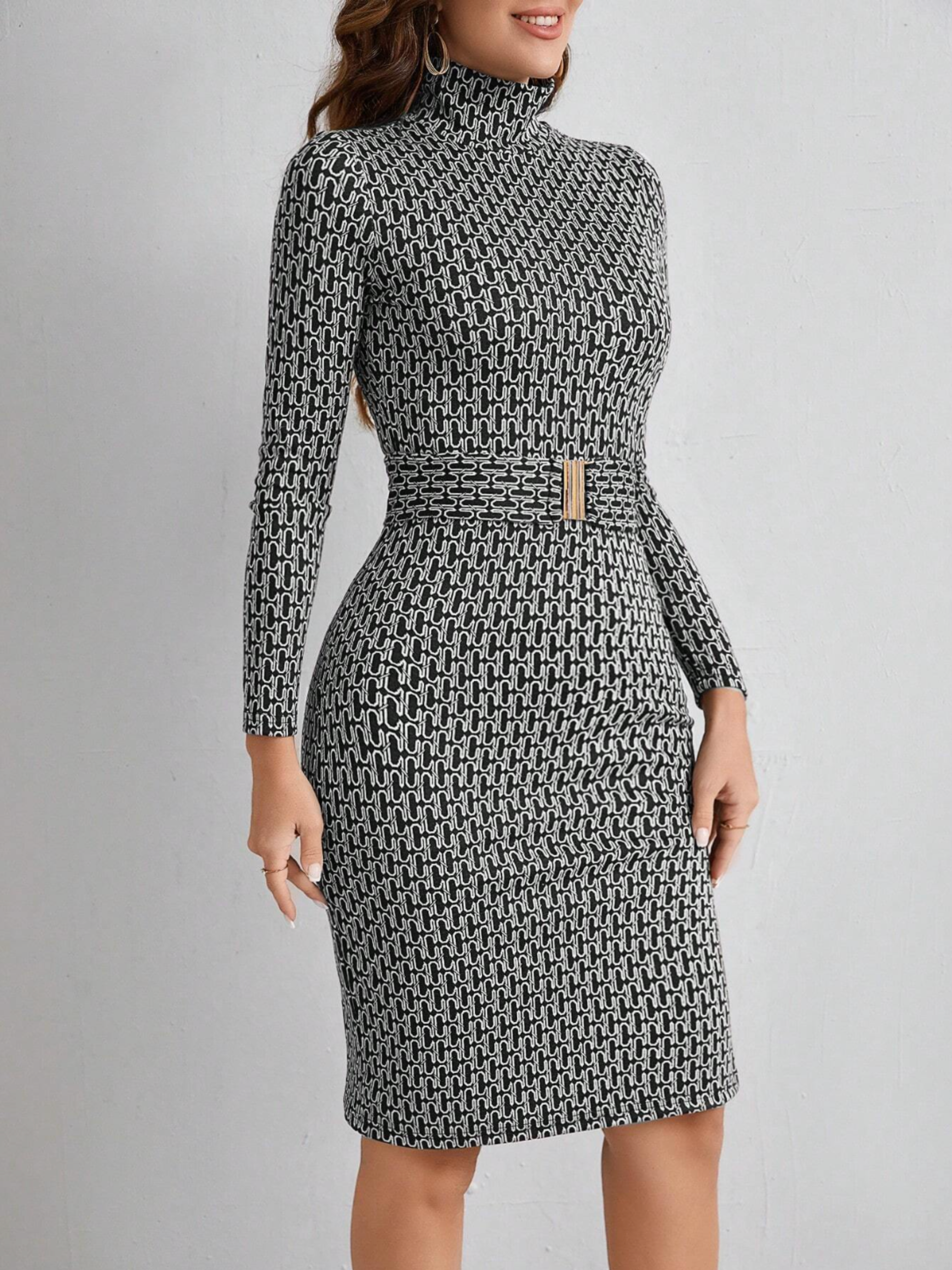 Emily | Elegant Long Sleeve Midi Dress With Geometric Print 6