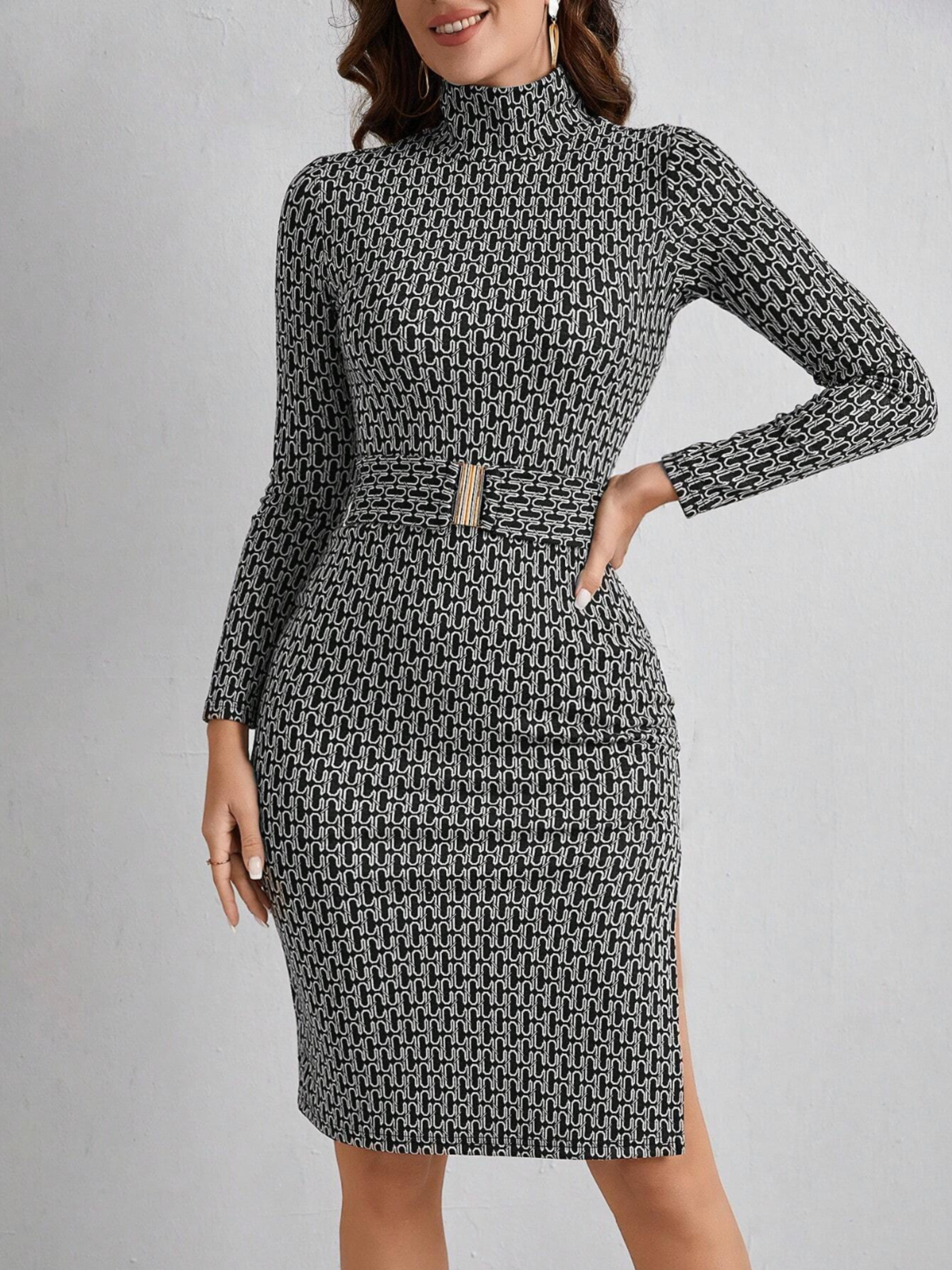 Emily | Elegant Long Sleeve Midi Dress With Geometric Print 7