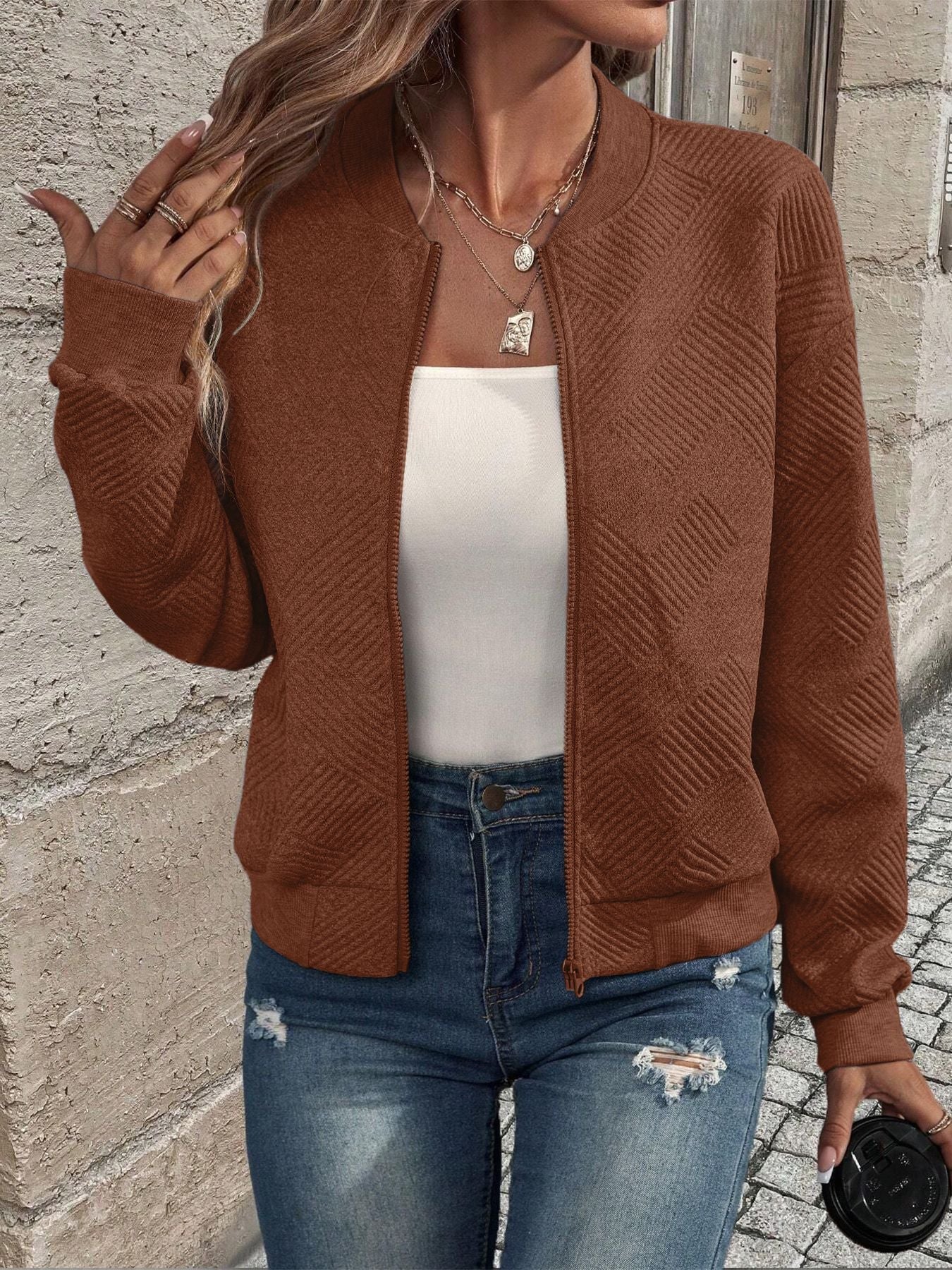 Emily | Stylish Casual Pattern Front Zip Cardigan 10