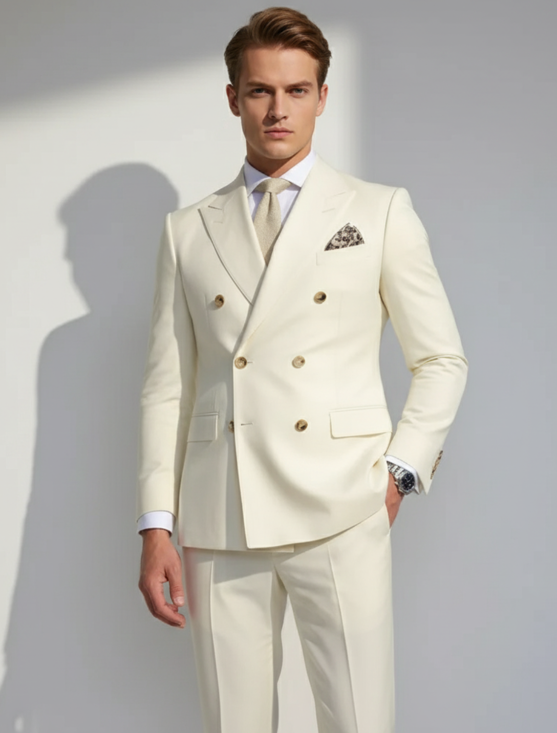 Ethan | Stylish White Wedding Suit with Gold Accents 0