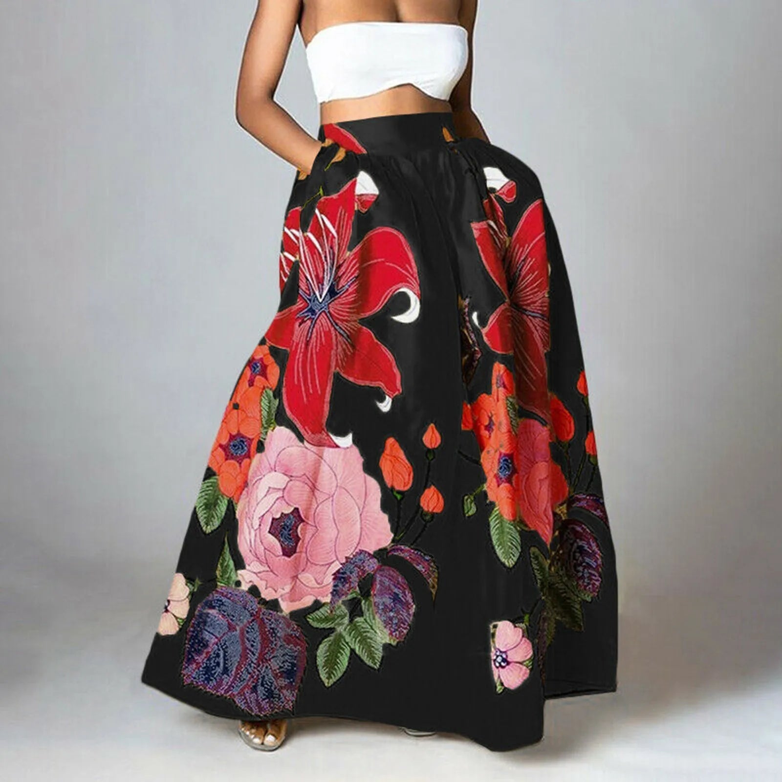 Floral Collection | Women's Maxi Skirt with High-Waisted Design & Pockets 0