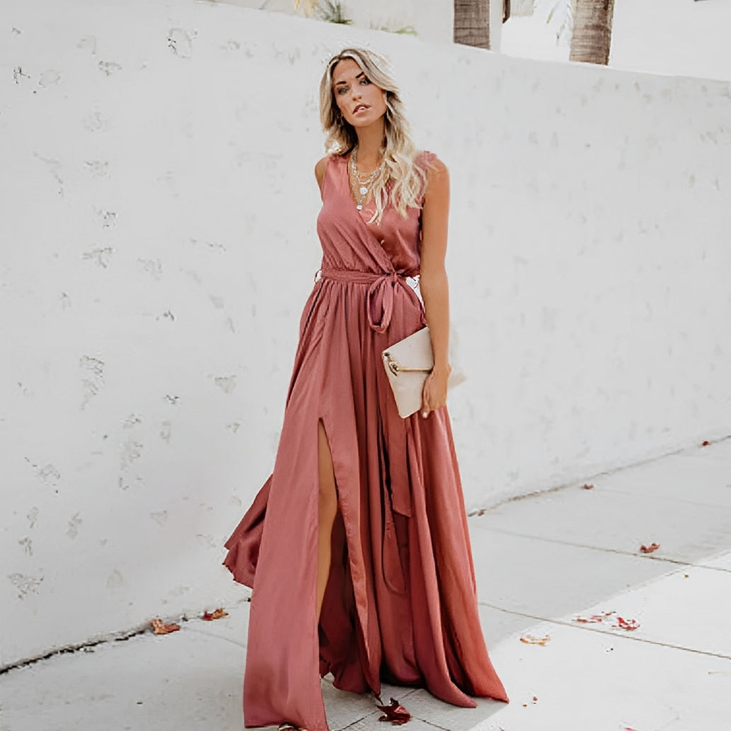 Mia | Elegant Black Maxi Dress with Waist Belt for Women 3