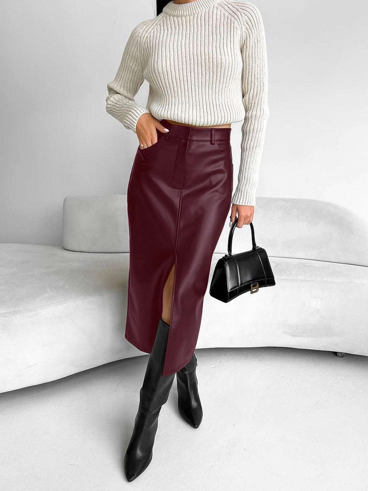 Mia | Elegant High-Slit Satin Midi Skirt for Women 4