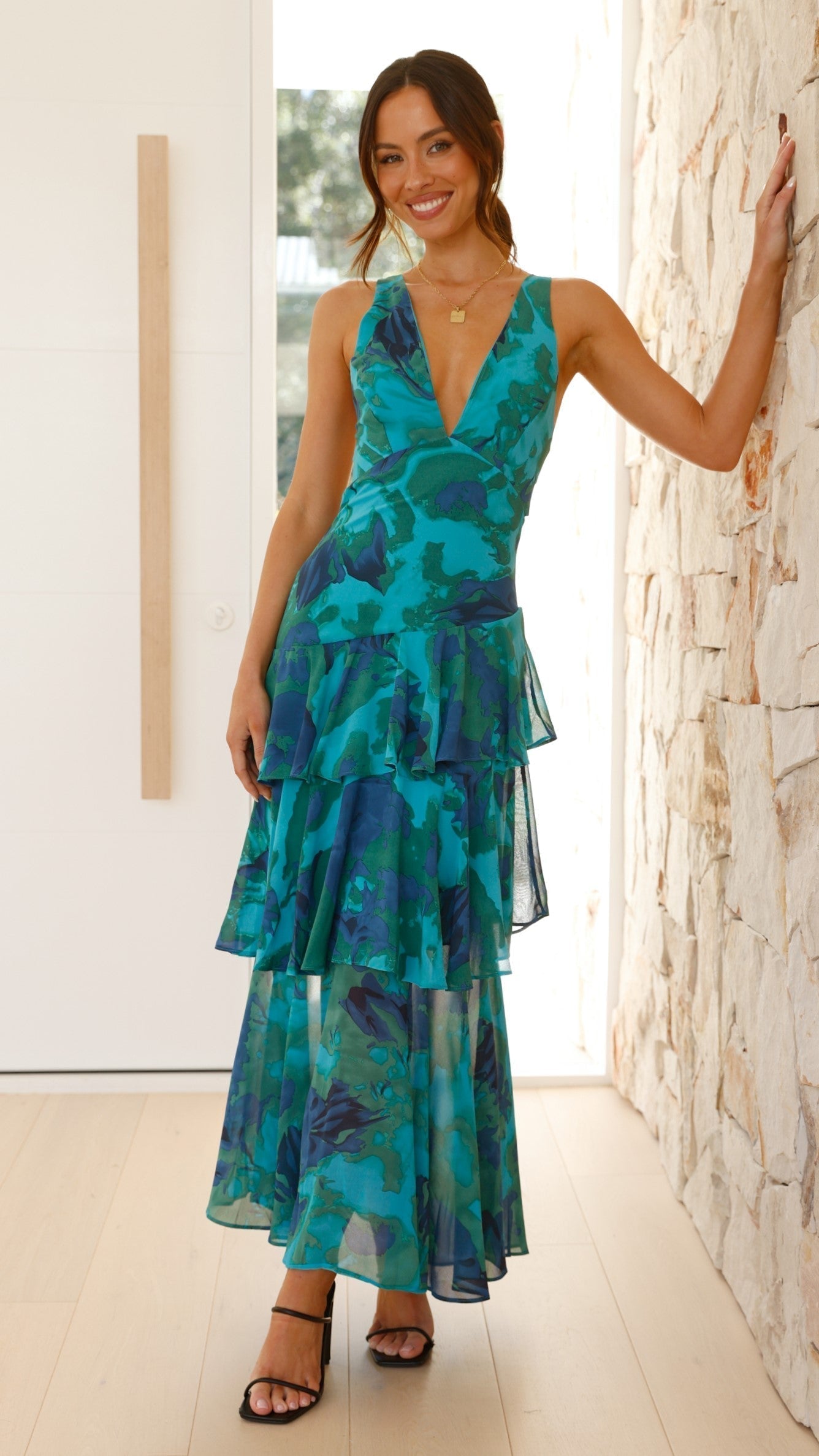 Mia | Elegant Tiered Maxi Dress for Women in Turquoise and Sapphire 1