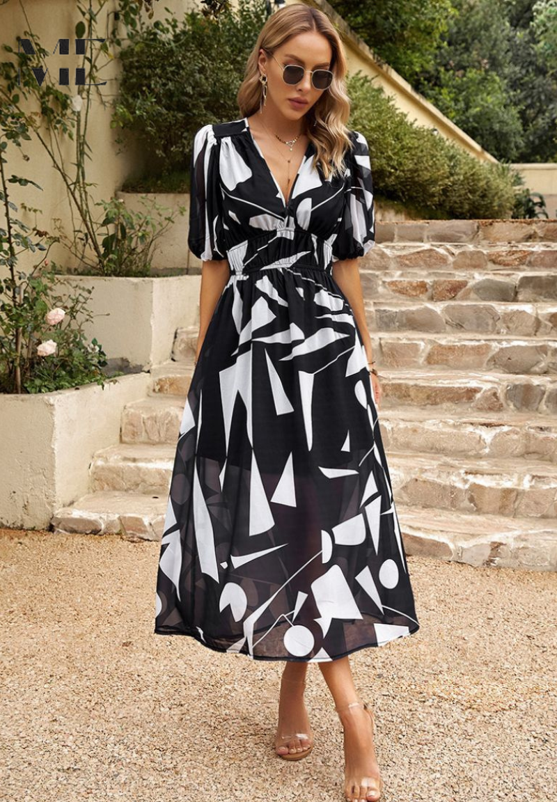 Roxanne Collection | Women's Floral Midi Dress with Puff Sleeves 10