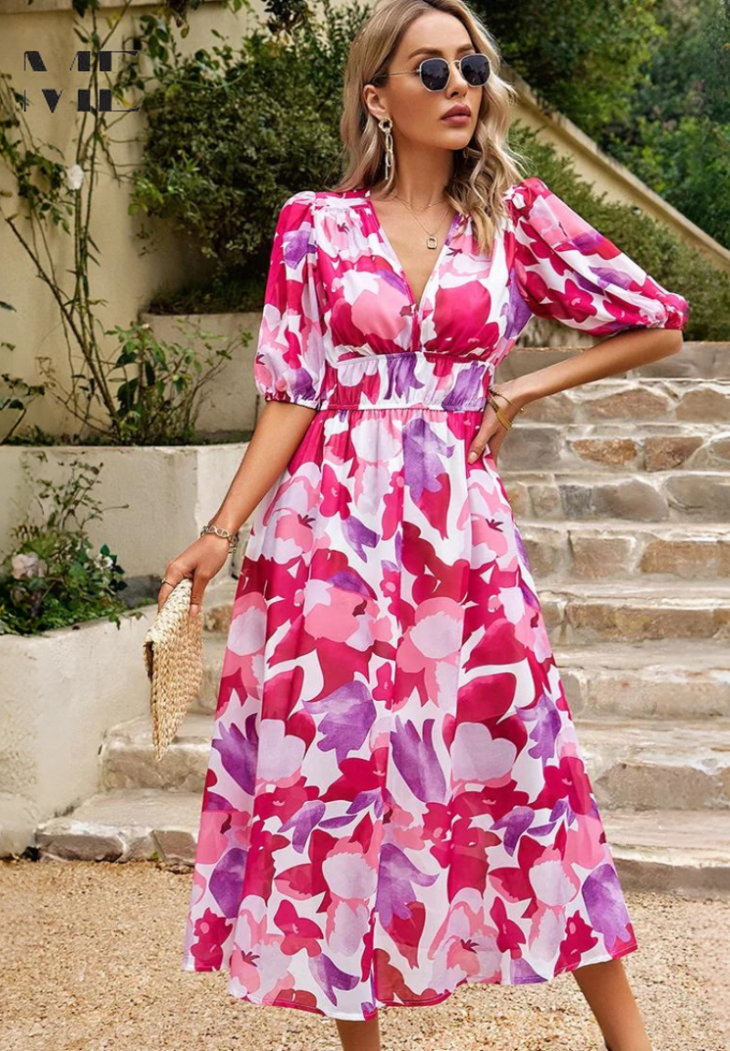 Roxanne Collection | Women's Floral Midi Dress with Puff Sleeves 11