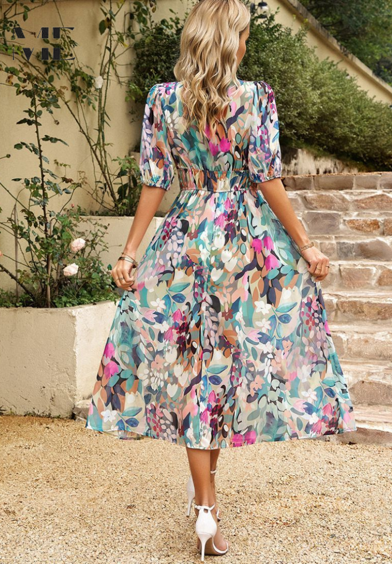 Roxanne Collection | Women's Floral Midi Dress with Puff Sleeves 2