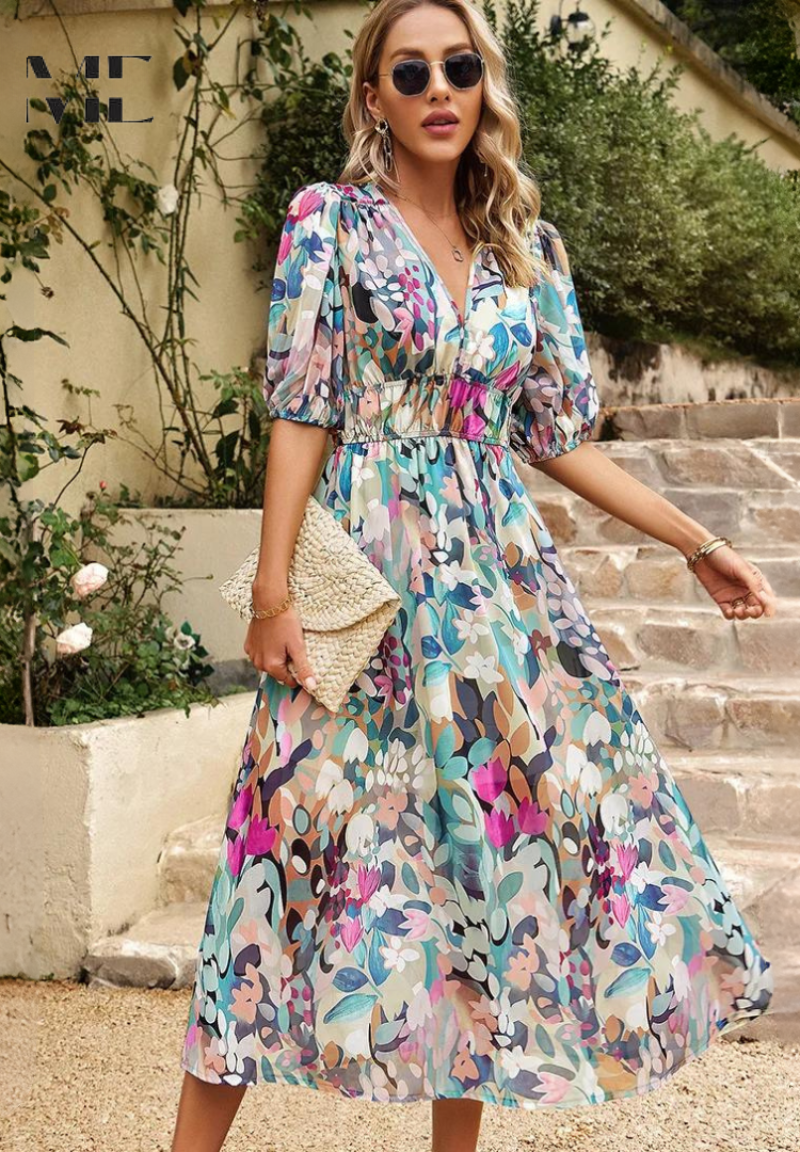 Roxanne Collection | Women's Floral Midi Dress with Puff Sleeves 4