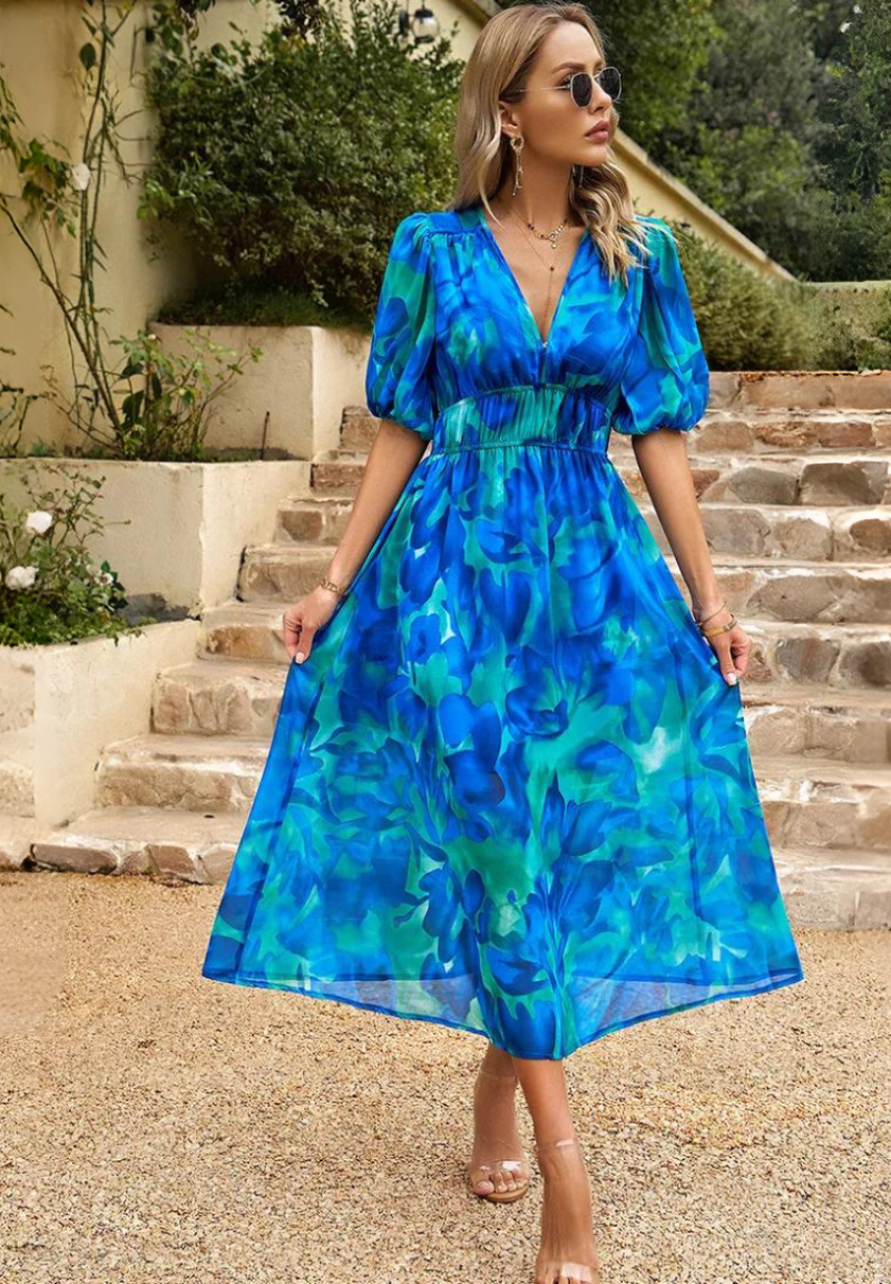 Roxanne Collection | Women's Floral Midi Dress with Puff Sleeves 5