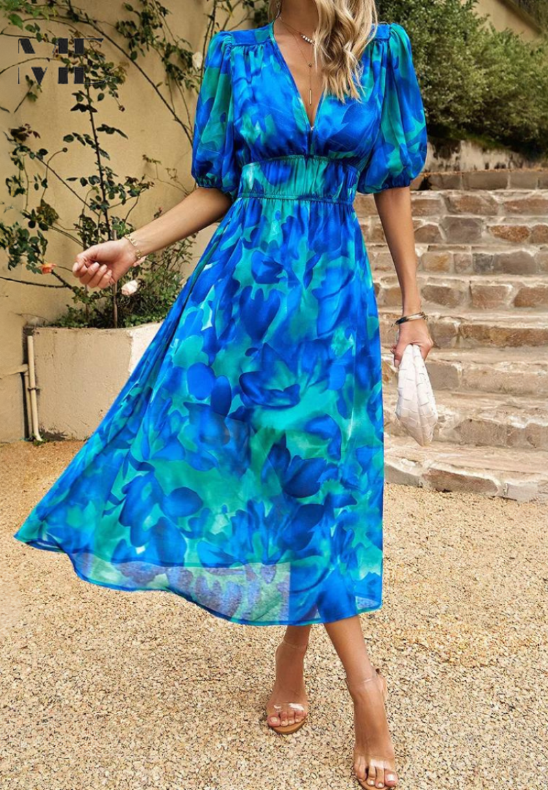 Roxanne Collection | Women's Floral Midi Dress with Puff Sleeves 8