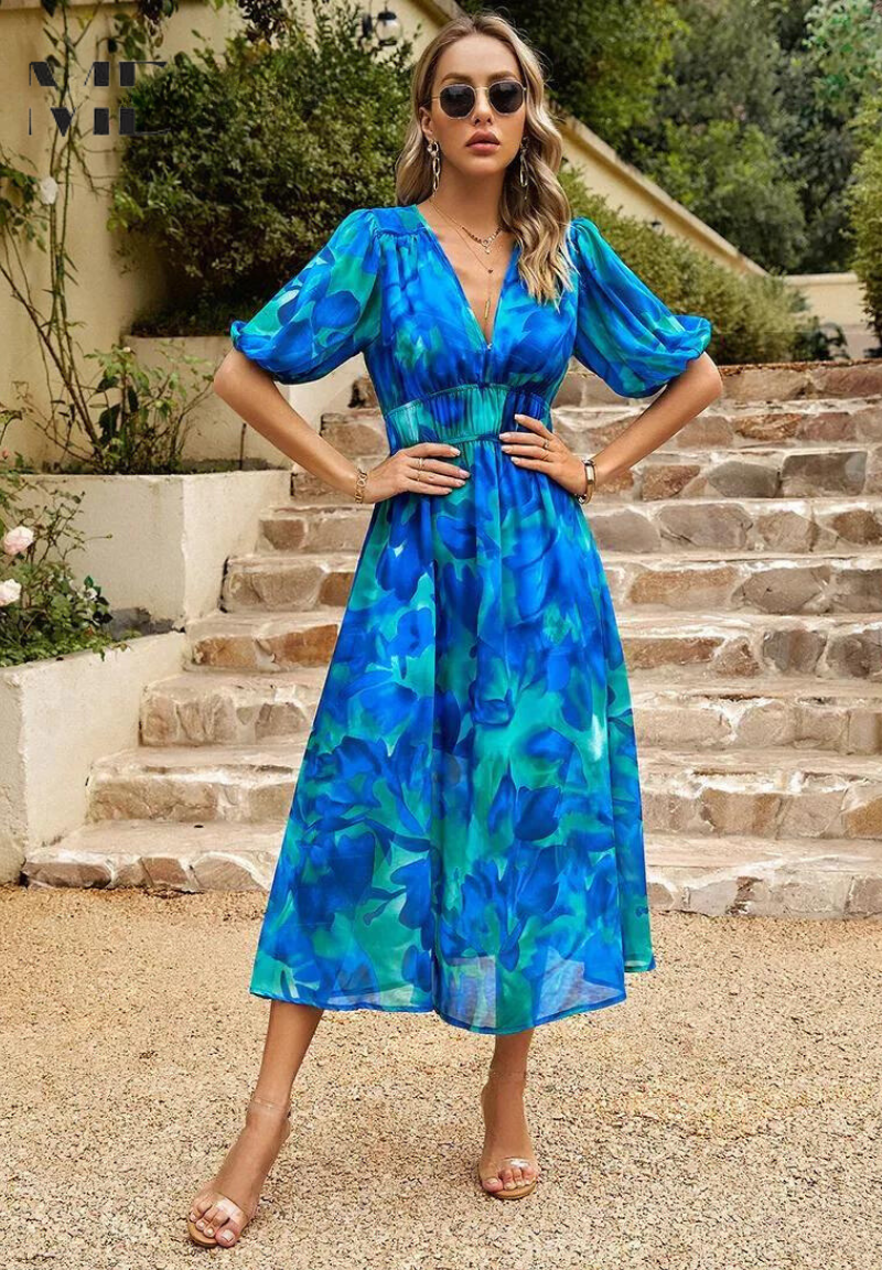 Roxanne Collection | Women's Floral Midi Dress with Puff Sleeves 9