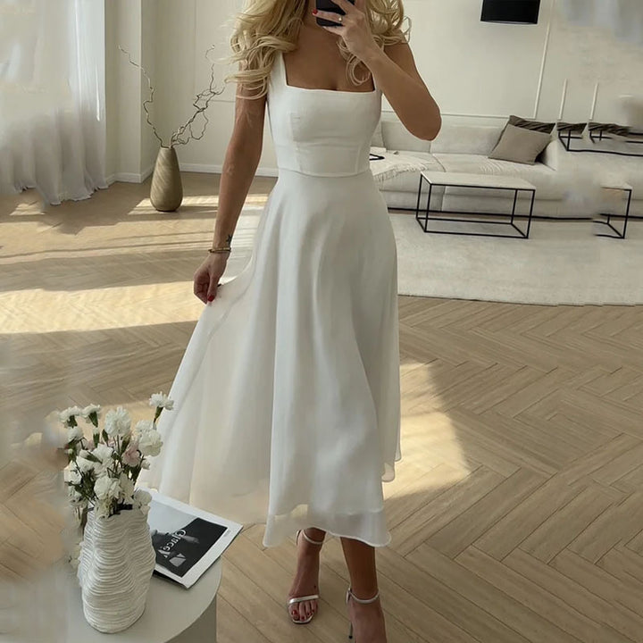 Samantha | Elegant Square Neck Midi Dress for Wedding Guests 0
