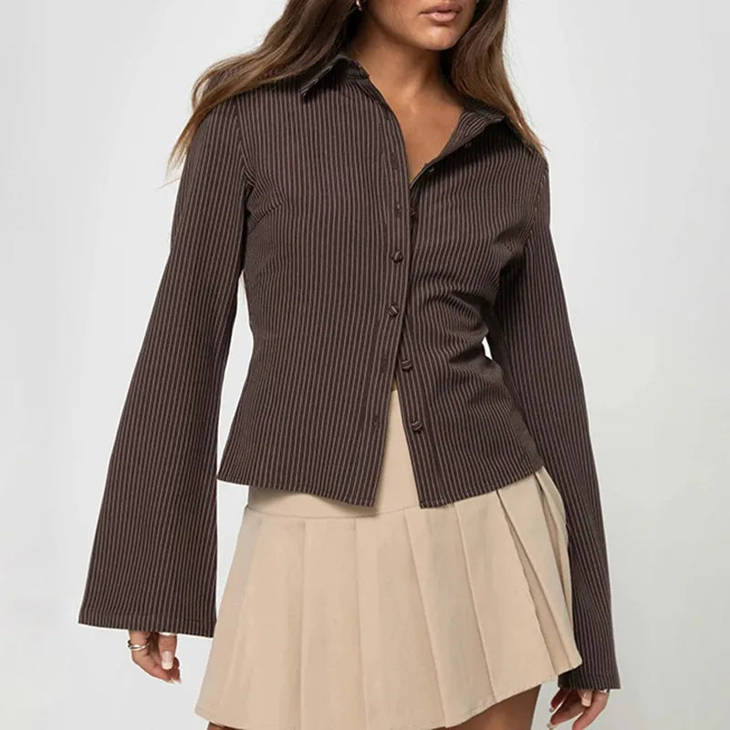 Sophie | Elegant Fitted Ribbed Womens Blouse with Flared Sleeves 0