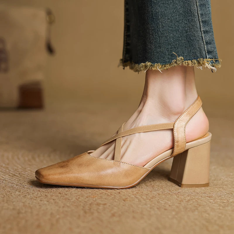 Sophie | Stylish Black Square Toe Leather Heels 0