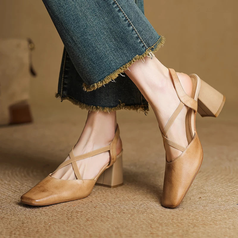 Sophie | Stylish Black Square Toe Leather Heels 1