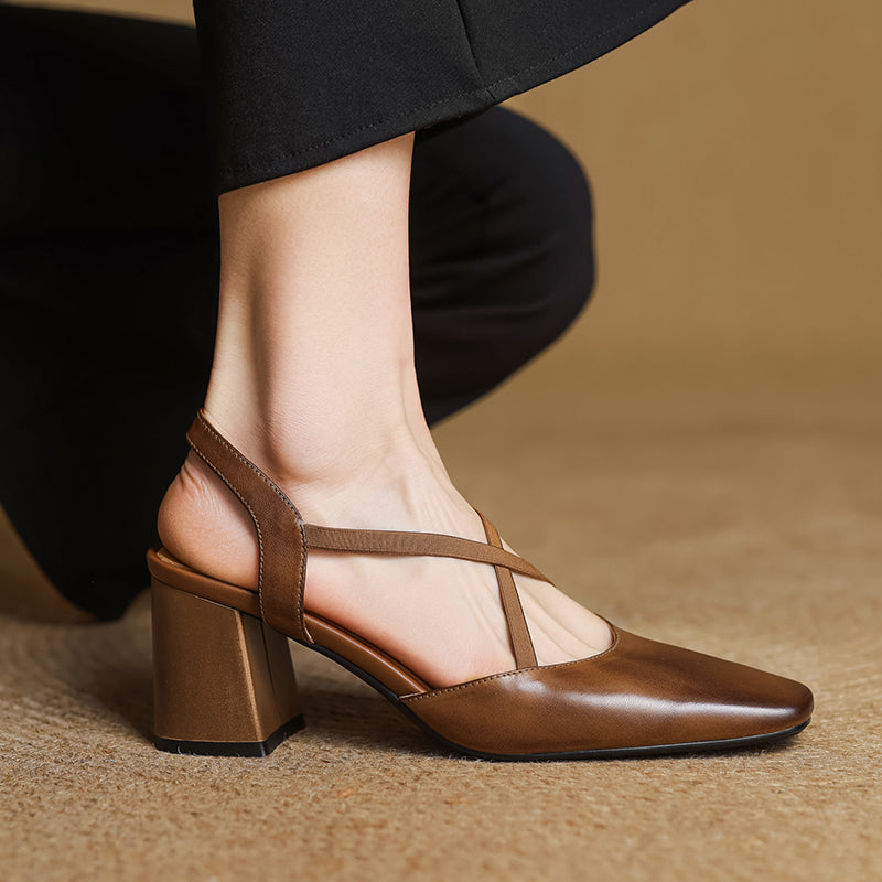 Sophie | Stylish Black Square Toe Leather Heels 3