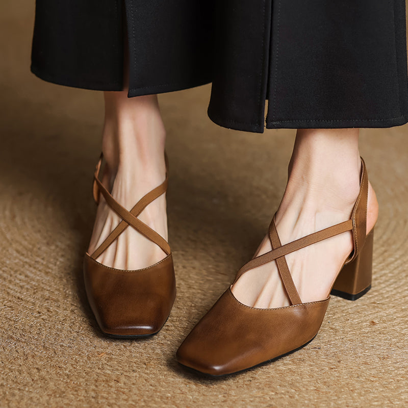 Sophie | Stylish Black Square Toe Leather Heels 4