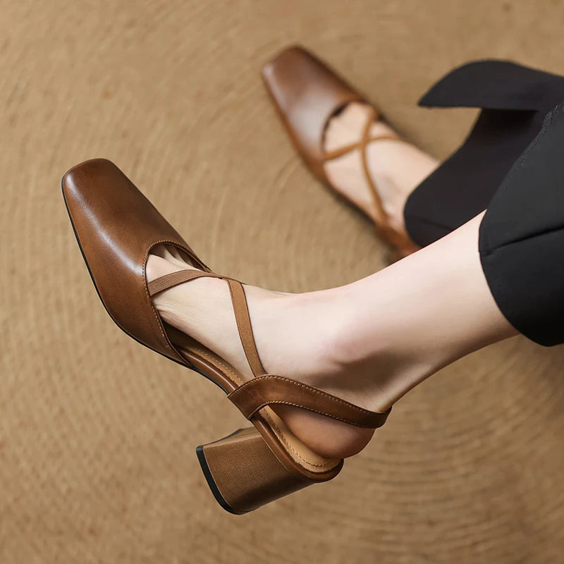 Sophie | Stylish Black Square Toe Leather Heels 5
