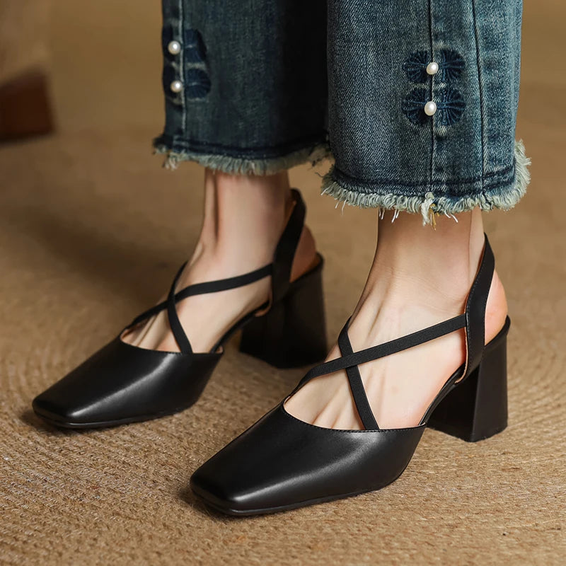 Sophie | Stylish Black Square Toe Leather Heels 7