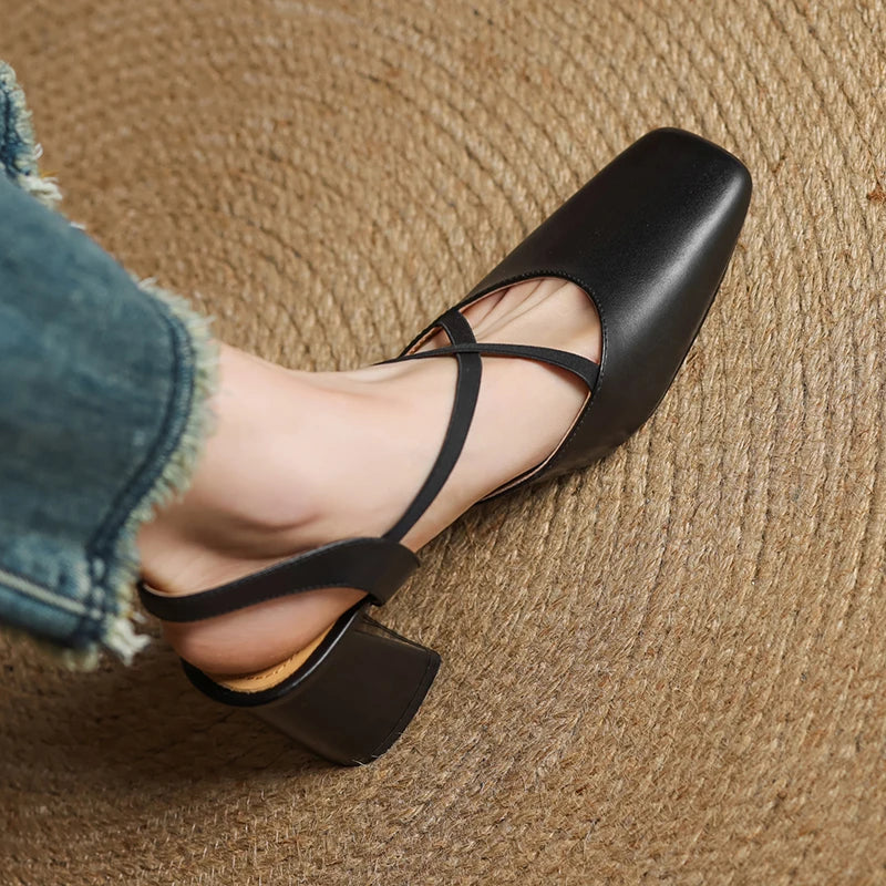Sophie | Stylish Black Square Toe Leather Heels 8