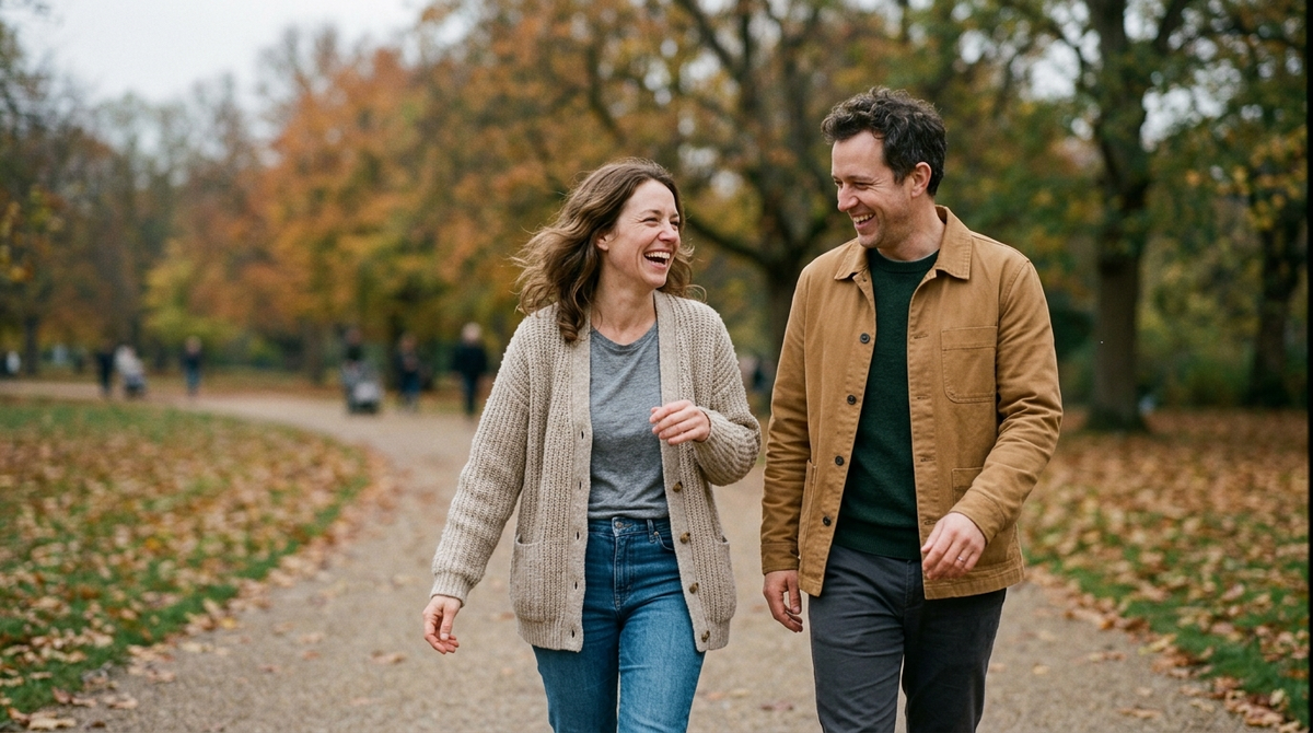 Woman in knit cardigan and man in light jacket, autumn layers